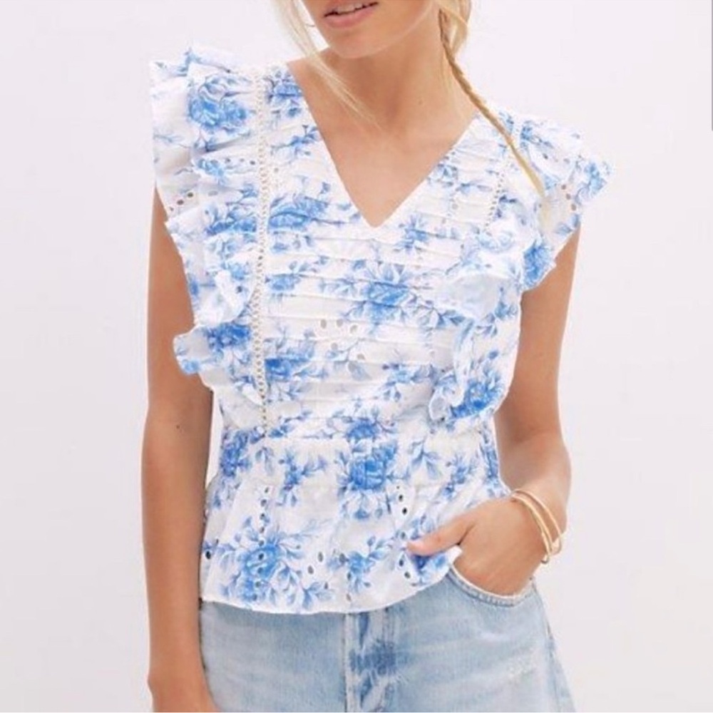 Anthropologie Floral Blue and White Ruffle Top